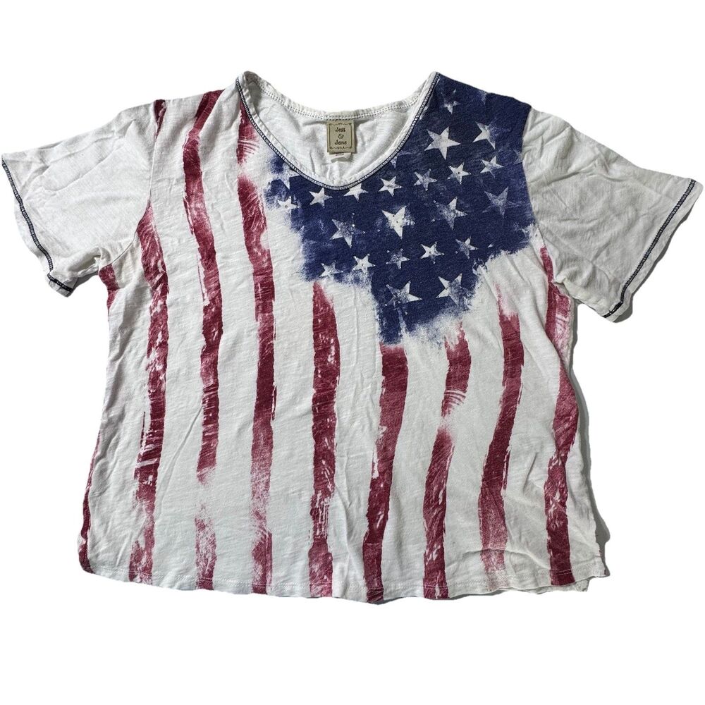 Jess & Jane American Flag Crop T-Shirt Rhinestones Size Medium Americana July 4